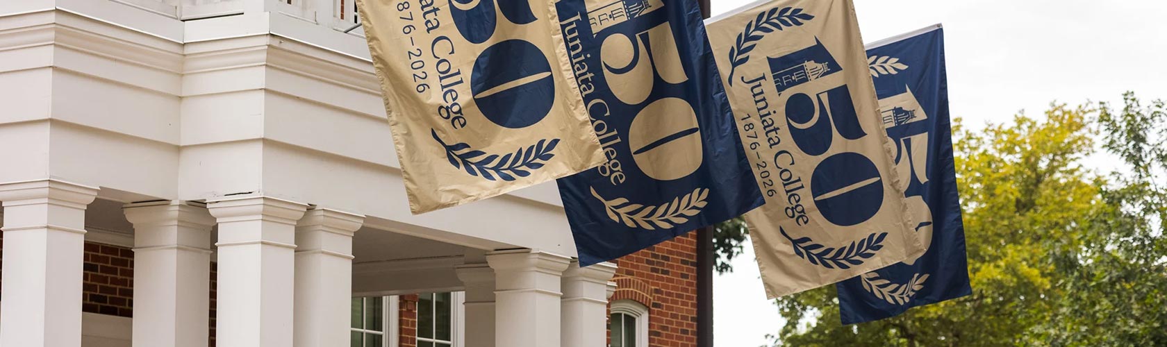 Founders Hall with 150th Anniversary Flags
