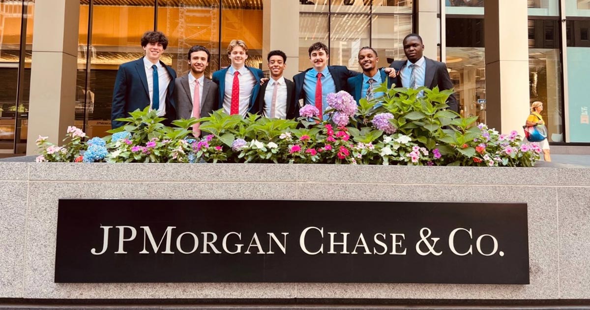 photo of group near JP Morgan Chase sign